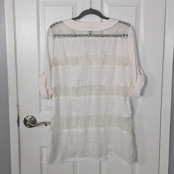 BCBGMaxazria Erid Gardenia White Lace Eyelet Striped Roll Tab Tunic Blouse Small - Picture 3 of 8